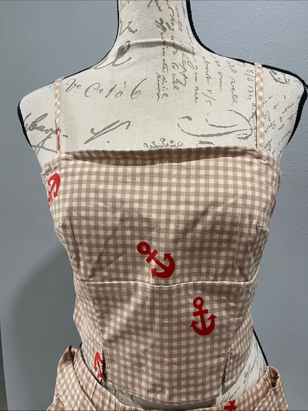 Anthropologie Beige Gingham Anchor Print Nautical Summer Style set 2 pieces - Picture 4 of 6